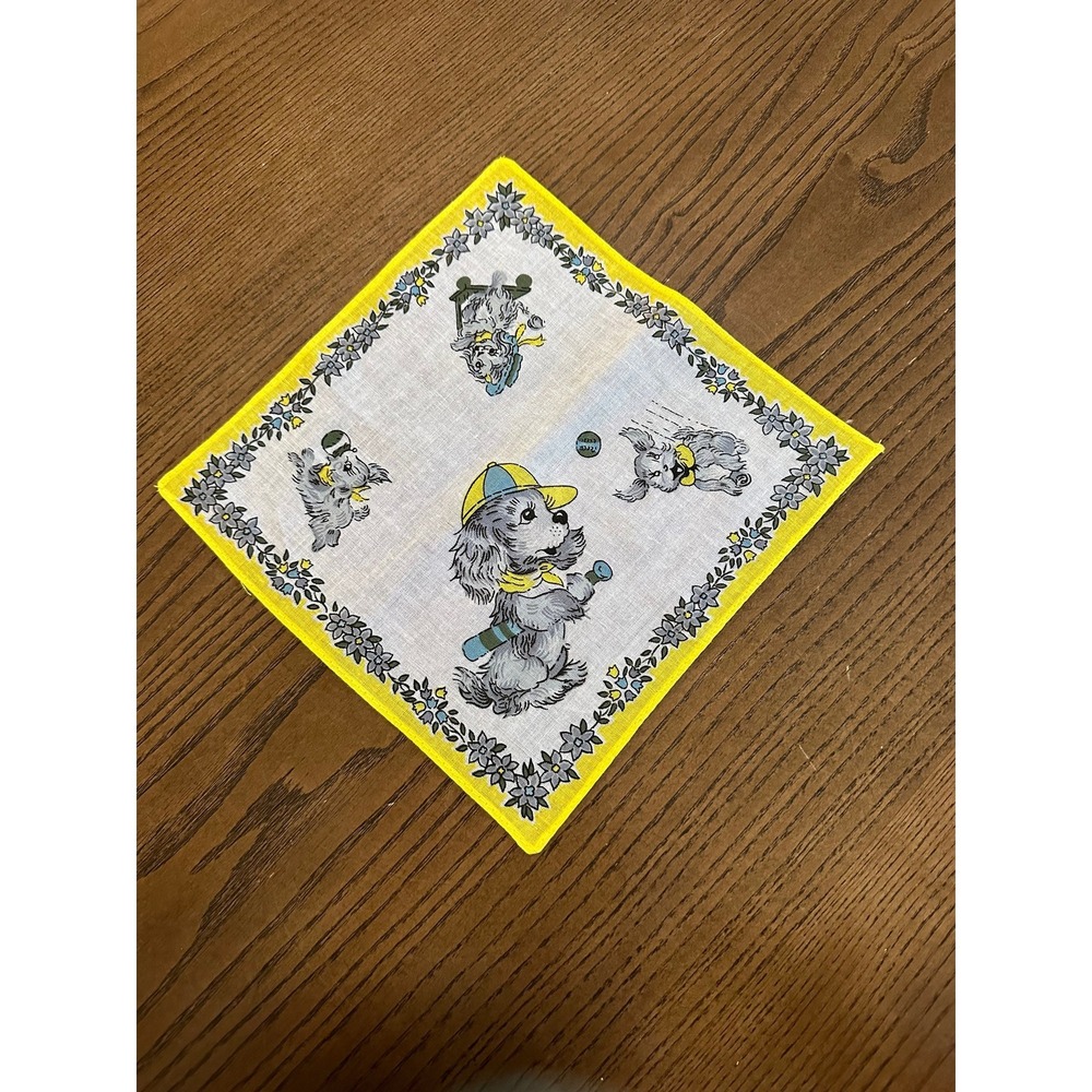 1950's Child's Vintage Dog Playing Base Ball Handkerchief